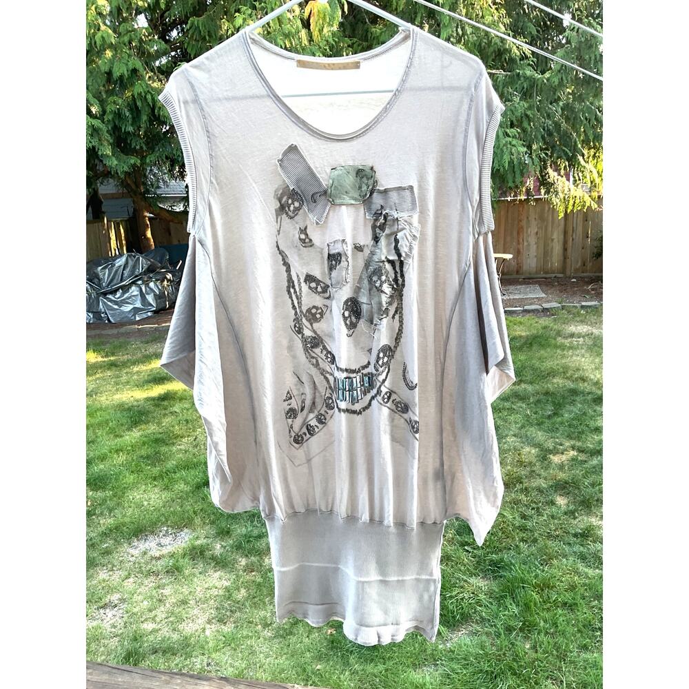 Babylon Collection Womens Taupe Skull Sequin Cotton/Silk Short Sleeve Shirt SZ M